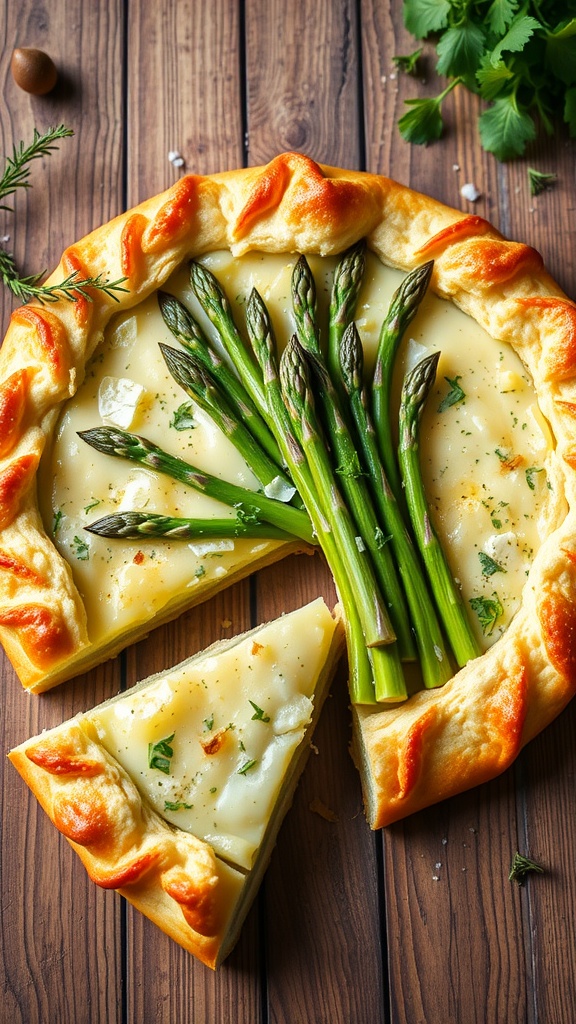 Savory asparagus and Gruyère tart with a golden crust and green asparagus on a wooden table.